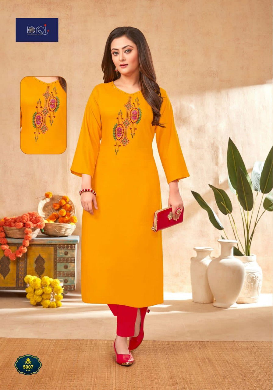 Larqi Nirja Advance 5 Fancy Ethnic Wear Rayon Cotton Embroidery Kurti Collection
